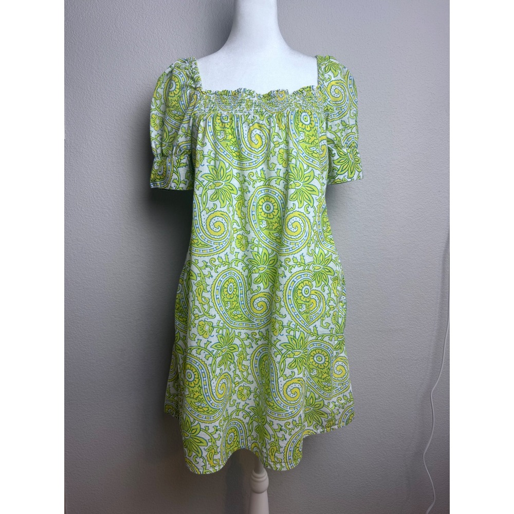 J.Crew Paisley Smocked Squareneck Mini Dress Green Blue Cotton BQ857‎ SP23 Small